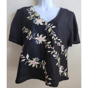 Plaza South Women's Petites Black Pink Green Embroidered Floral Top 18WP Lined